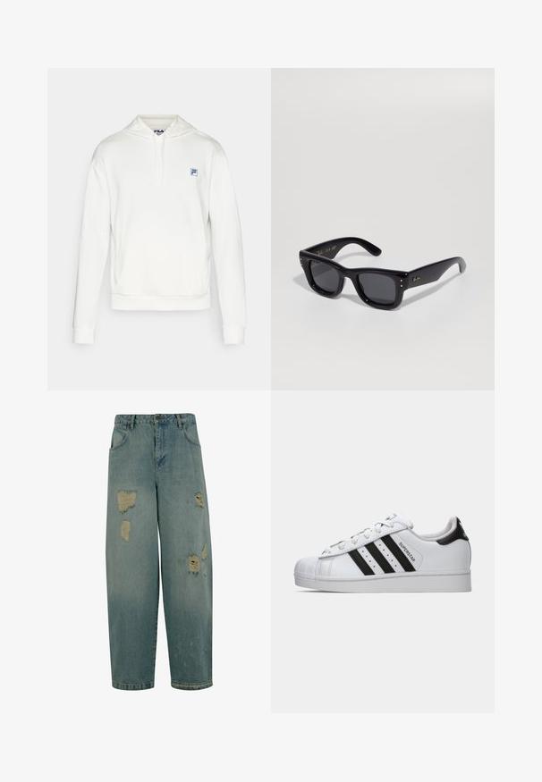 Felpa bianca in pile con cappuccio, coulisse e tasca frontale. Presenta un piccolo logo FILA blu sul petto. Texture morbida, design casual.; Jeans in denim azzurro chiaro con una vestibilità rilassata, caratterizzati da diversi punti strappati e bordi sfrangiati. Design classico a cinque tasche.; Sneaker Adidas Superstar bianca con strisce nere, punta a conchiglia e testo "Superstar" sul lato, mostrata in profilo sinistro su sfondo bianco.; Occhiali da sole neri con finitura lucida, montatura rettangolare, lenti scure e accenti del logo dorati sulle tempie. Due punti dorati su ciascun angolo anteriore.