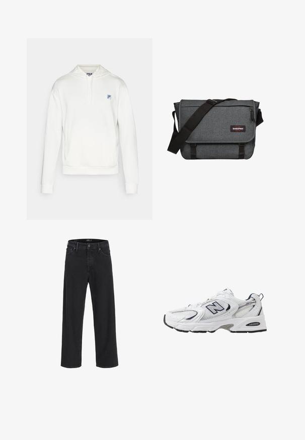 Vit fleece-hoodie med snodd och framficka. Har en liten blå FILA-logotyp på bröstet. Mjuk textur, avslappnad design.; Svarta raka denimjeans med knäppning och dragkedja, bältesöglor samt fram- och bakfickor.; Vit sportskor med överdel i mesh, marinblå accenter och dämpad sula. Har "N"-logotyp, snörning och texturerad detalj på sidan.; Grå meddelandepåse med en texturerad tygkvalitet, svart rem och spänne. Den har en logotypapplikation och en främre dragkedjeficka.