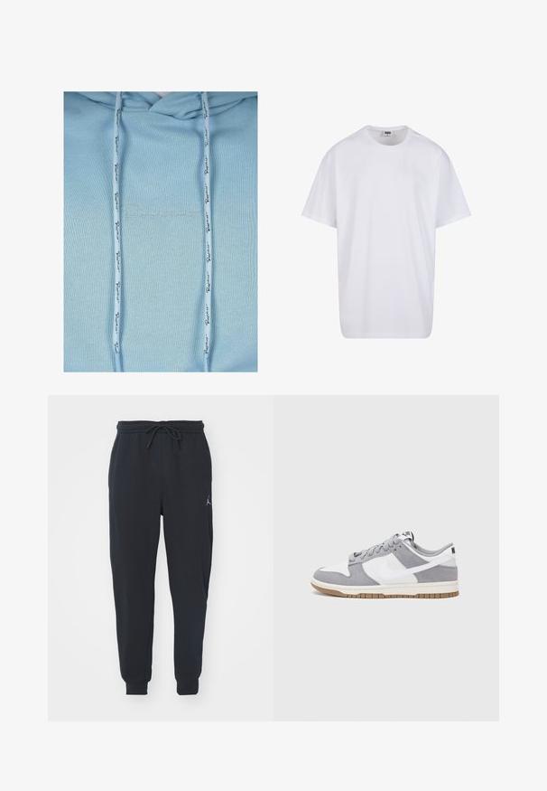 Felpa leggera color azzurro con coulisse regolabile; presenta il logo "Resistant" ricamato in filo chiaro; texture liscia, design casual.; Maglietta bianca in cotone con maniche corte, scollatura rotonda, vestibilità comoda e senza loghi o motivi visibili. Texture liscia e design minimale.; Pantaloni jogger neri realizzati in tessuto morbido, dotati di una vita elastica con coulisse, polsini a costine e un piccolo logo sulla coscia sinistra.; Sneaker grigia e bianca con tomaia in suede e pelle, punta arrotondata, lacci piatti e soletta in gomma con un accento color caramello.