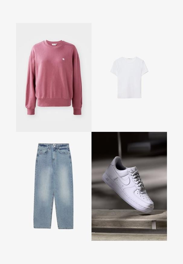 Sweatshirt rose en tissu doux, avec un col rond, des manches longues et des poignets à côtes. Un petit logo est placé sur la poitrine.; T-shirt blanc à manches courtes en tissu doux. Dispose d'un col rond et d'un design simple et épuré avec un ourlet droit.; Jeans en denim bleu clair avec une coupe ample, design à jambe droite, cinq poches et une fermeture à bouton à la taille. Texture lisse.; Baskets Nike Air Force 1 blanches lévitant au-dessus d'une surface en béton avec des ombres dans un cadre minimaliste.