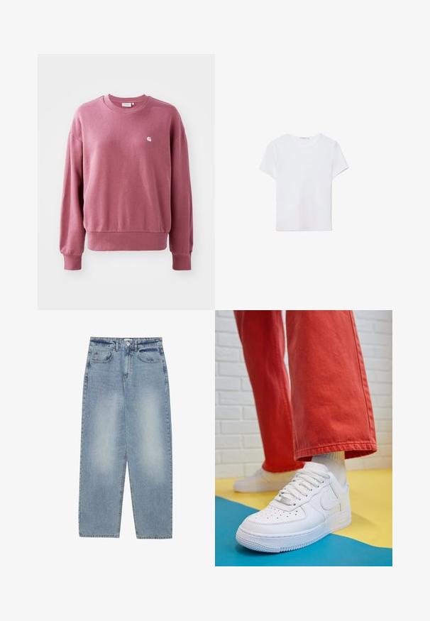 Sweatshirt rose en tissu doux, avec un col rond, des manches longues et des poignets à côtes. Un petit logo est placé sur la poitrine.; T-shirt blanc à manches courtes en tissu doux. Dispose d'un col rond et d'un design simple et épuré avec un ourlet droit.; Jeans en denim bleu clair avec une coupe ample, design à jambe droite, cinq poches et une fermeture à bouton à la taille. Texture lisse.; Baskets blanches en cuir avec une boîte à orteils perforée, semelle texturée et lacets blancs, associées à un large pantalon rouge et un fond bleu et jaune.
