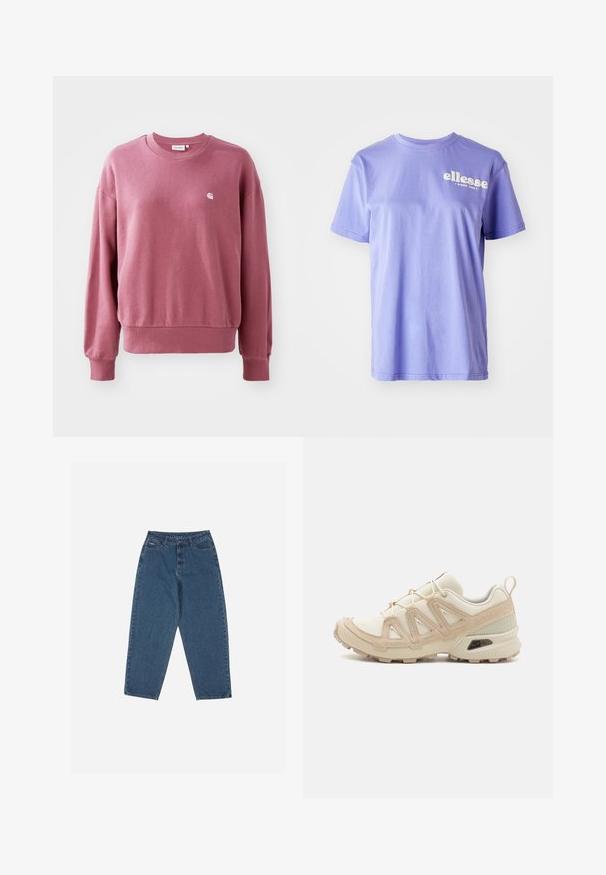 Růžová mikina vyrobená z měkké látky, s kulatým výstřihem, dlouhými rukávy a žebrovanými manžetami. Malé logo je umístěno na hrudi.; Fialové bavlněné tričko s kulatým výstřihem, krátkými rukávy a bílým potiskem s logem "ellesse" na přední straně. Hladká textura.; Modré džíny z denimu s volným střihem, vysokým pasem, pěticí kapsami a akcenty prošití. Mají zapínání na knoflík a zip.; Béžová a krémová sportovní obuv s texturovaným síťovaným svrškem, podpůrnými překryvy a gumovou podrážkou s dezénem pro lepší přilnavost.