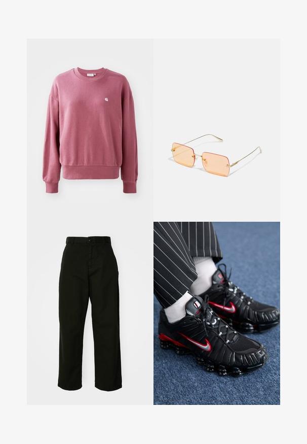 Ružový sveter vyrobený z mäkkého materiálu, s okrúhlym výstrihom, dlhými rukávmi a rebrovanými manžetami. Malé logo je umiestnené na hrudi.; Čierne široké nohavice vyrobené z odolnej bavlny. Obsahujú zapínanie na gombík a bočné vrecká. Majú hladkú textúru a presne strihaný vzhľad.; Čierne športové topánky s červenými a striebornými akcentmi, sieťované a textúrované syntetické materiály, šnurovací dizajn a viditeľná pena v podrážke.; Zlaté slnečné okuliare s rámom, majúce obdlžníkové oranžové šošovky. Výrazné tenké nožičky a jemné texturované akcenty pri pántoch.; Zlaté kruhové náušnice, tenké a okrúhleho tvaru, s hladkým kovovým povrchom a bez ozdôb alebo vzorov.