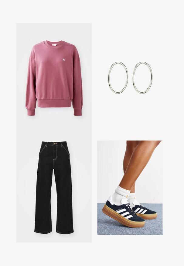 Rosa sweatshirt tillverkad av mjukt tyg, med rund halsringning, långa ärmar och ribbad mudd. En liten logotyp är placerad på bröstet.; Svarta vida jeans i denim, med kontrasterande vit sömnad och framknäppning, samt två snedställda framfickor.; Svarta sneakers i mocka med vita ränder och detaljer, rundad tå, yttersula i gummiblandning, kombinerade med vita ribbade crew-strumpor.; Silver hoops med en slät, polerad yta. Rund form, lättviktig design, med en säker låsmekanism.