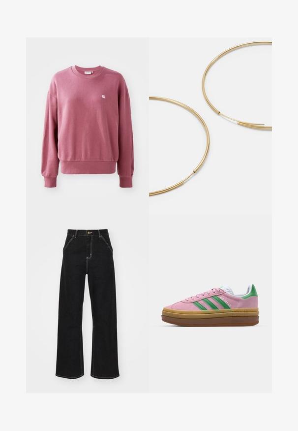 Roze sweatshirt van zacht materiaal, met een ronde halslijn, lange mouwen en geribbelde boorden. Een klein logo is op de borst geplaatst.; Zwarte wijde jeans van denim, met contrasterende witte stiksels en een sluiting met knoop aan de voorkant, voorzien van twee schuin geplaatste zakken aan de voorkant.; Roze suede sneakers met groene strepen, witte accenten en een bruine rubberen zool. Heeft een gestructureerde stof en logodetails aan de zijkant.; Gouden oorringen, dun en rond van vorm, met een gladde metallic afwerking en zonder versieringen of patronen.