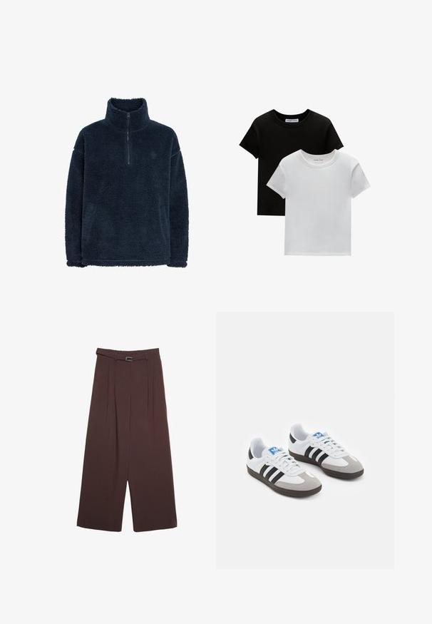 Navyblauer Fleece-Pullover mit hohem Kragen und Viertelreißverschluss. Verfügt über eine strukturierte, plüschige Oberfläche und eine lockere Passform. Einfaches Design, ohne Verzierungen.; Zwei T-Shirts mit Rundhalsausschnitt in Schwarz und Weiß, aus Baumwolle. Sie haben kurze Ärmel und einfarbiges Design ohne Muster oder Akzente.; Stradivarius WIDE-LEG WITH BUCKLE DETAIL - Stoffhose - dark brown; Sportschuhe mit einem Obermaterial aus weißem Leder, grauer Wildleder-Zehenkappe und drei schwarzen Streifen. Sie verfügen über ein blaues Logo auf der Zunge und eine strukturierte Gummisohle.