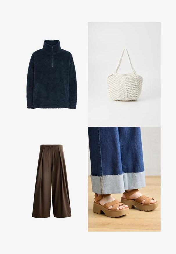 Navy blue fleece pullover with a high collar and quarter zip. Features a textured, plush surface and loose fit. Simple design, no embellishments.; Brown wide-leg trousers made of a textured fabric, featuring a drawstring waistband and front pleats.; Brown suede platform sandals with double straps, featuring a textured sole and a thick, contoured heel. Worn with denim trousers.; Woven white handbag with a textured finish, featuring two handles and a structured shape, suitable for casual use.