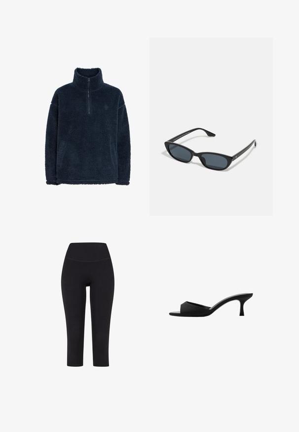 Mornarsko modra flis pulover z visokim ovratnikom in četrtim zadrgo. Ima teksturirano, puhasto površino in ohlapen kroj. Preprost dizajn, brez okrasnih elementov.; Črne legice do tri četrtine, izdelane iz elastičnega materiala, z visokim pasom in brez vidnih vzorcev ali dodatkov.; Črne natikače na peto z širokim, odprtim prstom in ukrivljenim zgornjim delom. Narejene iz teksturiranega materiala, imajo vitko peto in gladko podplat.; Črne mačkaste sončne očala z temnimi lečami, plastičnim okvirjem, ozkimi stebli ter diskretnim logotipom na notranji strani ročaja. Mat zaključna tekstura.