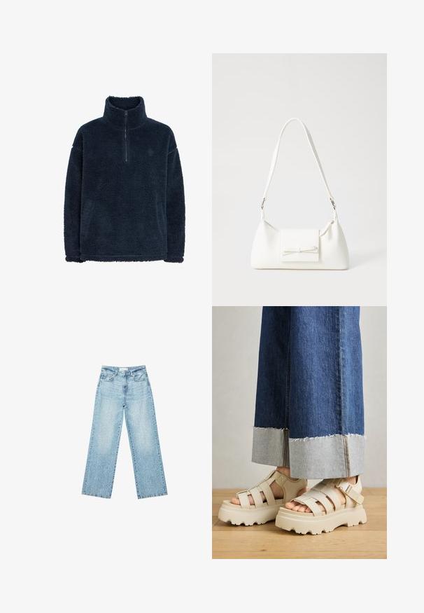 Navy blue fleece pullover with a high collar and quarter zip. Features a textured, plush surface and loose fit. Simple design, no embellishments.; Light blue denim wide-leg jeans with a high waist, featuring a faded wash and small, scattered distressed details throughout.; Beige platform sandals with thick soles feature a strappy design and adjustable ankle straps. Worn with wide-leg denim pants, one hem is frayed.; White synthetic handbag with a triangular shape, flat front flap and bow detail, adjustable strap, smooth texture, and minimalistic design.