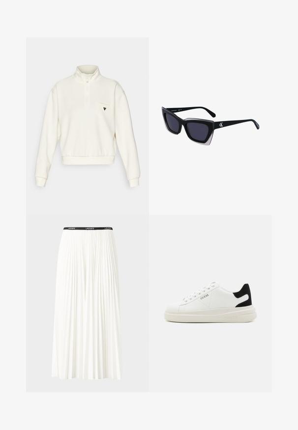 Sweatshirt de pulôver na cor creme, com meia zipper, punhos e bainha canelados. Apresenta um pequeno logótipo no bolso esquerdo do peito.; Saia plissada branca com uma cintura elástica preta que apresenta o logótipo "LACOSTE". Design de comprimento médio com textura suave.; Sapatilhas brancas de couro com uma sola branca espessa, detalhe em camurça preta no calcanhar e logótipo em relevo na lateral. Design com atacadores e seis ilhós.; Óculos de sol oversized pretos com forma geométrica, apresentando lentes escuras e um detalhe cinza em contraste na armação. Logotipo na haste.