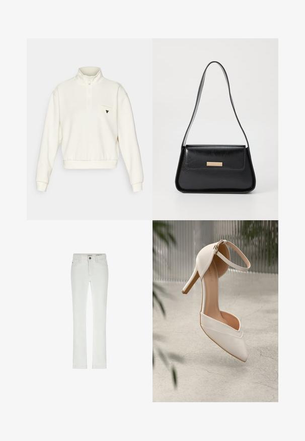 Crème kleurige pullover sweatshirt met een halve rits, ribgebreide mouwen en zoom. Beschikt over een klein logo op de linkerborstzak.; Witte jeans met een slanke pasvorm, 5 zakken en contrasterende stiknaden. Beschikt over een knoopsluiting en een subtiele merklabel op de tailleband.; Witte high heel schoen van soepel materiaal met een puntige neus en enkelbandje. Heeft een lichtbruine binnenkant en goudkleurige hardware accent.; Zwarte leren handtas met een gestructureerde driehoekige vorm, slanke schouderband en hardware in goudkleur met een logo plaatje op de voorflap.
