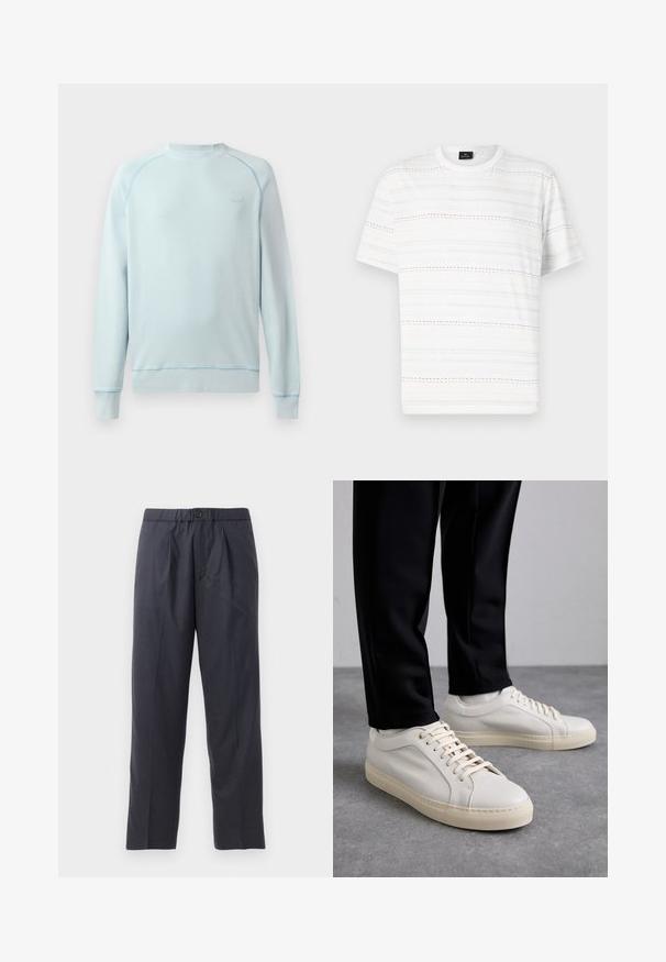Světle modrá mikina s kulatým výstřihem, žebrovanými manžetami a spodním lemem. Obsahuje jemné prošívání a malé logo na hrudi. Měkká textilie.; Bílý tričko s krátkým rukávem, zdobené vodorovnými pruhy v světle modré, růžové a černé barvě. Klasický design s kruhovým výstřihem.; Tmavě modré kalhoty vyrobené z měkké látky s designem s sklady vpředu a elastickým pasem. Obsahují zapínání na knoflík a rovný střih nohou.; Světlé béžové kožené tenisky s plochými tkaničkami, texturovaným povrchem a kontrastní krémovou gumovou podrážkou, spárované s černými zúženými kalhotami.