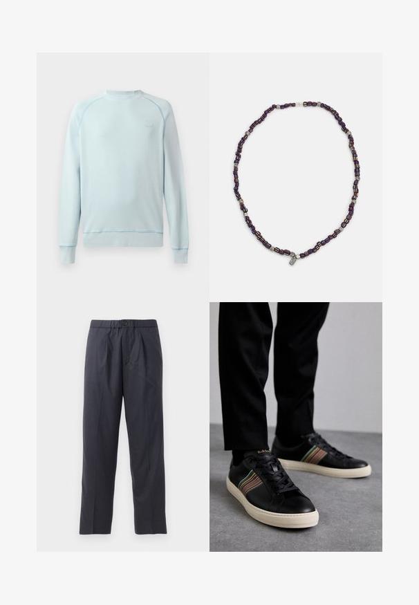 Sudadera azul claro con cuello redondo, puños y dobladillo acanalados. Presenta costuras sutiles y un pequeño logo en el pecho. Textura de tela suave.; Pantalones oscuros de color azul marino, hechos de una tela suave, con un diseño de frente plisado y cintura elástica. Cuentan con un cierre de botón y un corte recto.; Zapatillas de cuero negro con acentos de rayas multicolores, punta redonda y suelas de goma blanca, con diseño de cordones y marca en relieve.; Collar de cuentas multicolores con cuentas azul oscuro, rojas y amarillas, intercaladas con acentos plateados y un charm colgante.