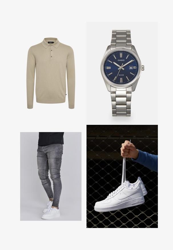 Long-sleeve polo shirt in light beige knit fabric, featuring a classic collar, three-button placket, and ribbed cuffs.; Skinny jeans in faded gray denim, featuring distressed details at the knees, paired with white sneakers. Smooth texture, slim fit design.; White leather sneakers with perforations, round toe, flat sole, and thick laces, featuring a visible swoosh logo and "AIR" on the heel.; Silver stainless steel wristwatch with a navy blue dial, metallic hour markers, and a date window at 3 o'clock. Water-resistant to 50 meters.