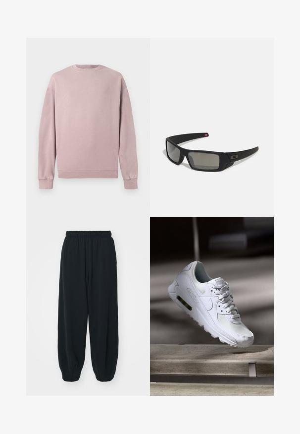 Lichtroze sweatshirt met een klassieke ronde hals, ribgebreide manchetten en zoom. Gemaakt van zachte, gestructureerde stof. Eenvoudig ontwerp zonder patronen.; Zwarte, elastiche sweatpants met een losse pasvorm, manchetten aan de enkels, een zachte textuur en zonder zichtbare patronen of hardwareaccenten.; Witte Nike Air Max 90 sneaker met een bovenwerk van mesh en leer, een geperforeerde teenbox en een zichtbare luchtunit in de hiel.; Zwarte zonnebril met een matte afwerking, rechthoekige glazen, een lichte kromming op de slapen, subtiele logodetails en rookgetinte glazen.