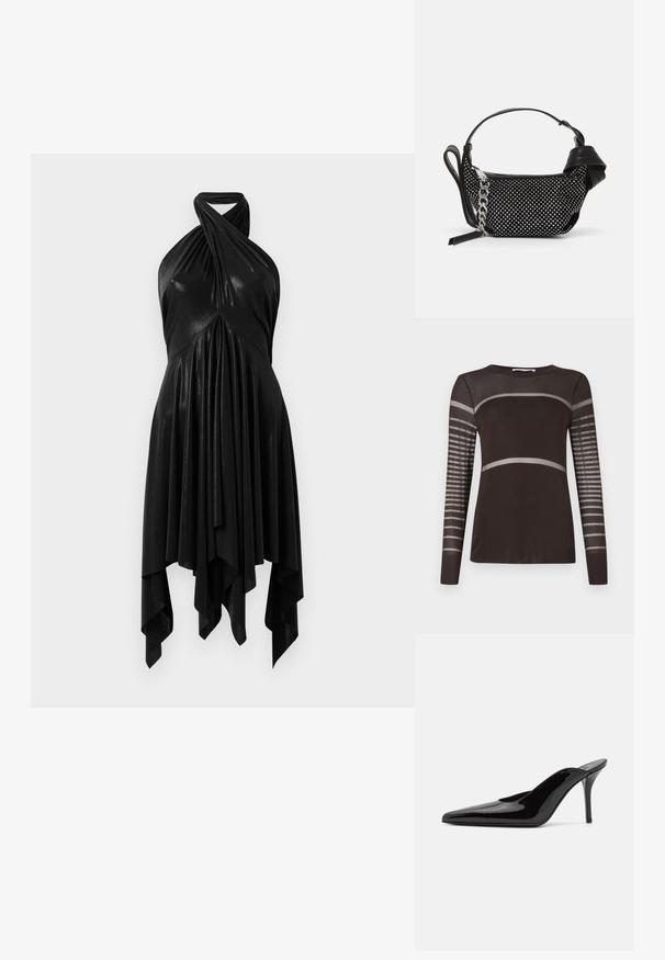 Long-sleeve top in dark brown with a smooth texture. Features light gray horizontal stripes across the chest and striped panel on sleeves.; Black halter dress with a draped design. Made of shiny material, featuring a twisted neckline and asymmetrical hem. Smooth texture.; Black patent leather high-heeled mule with a pointed toe and a sleek silhouette, featuring an open back and a slender stiletto heel.; Black handbag featuring studded embellishments, a chain strap, and a smooth leather handle, with a rounded shape and zipped compartment.