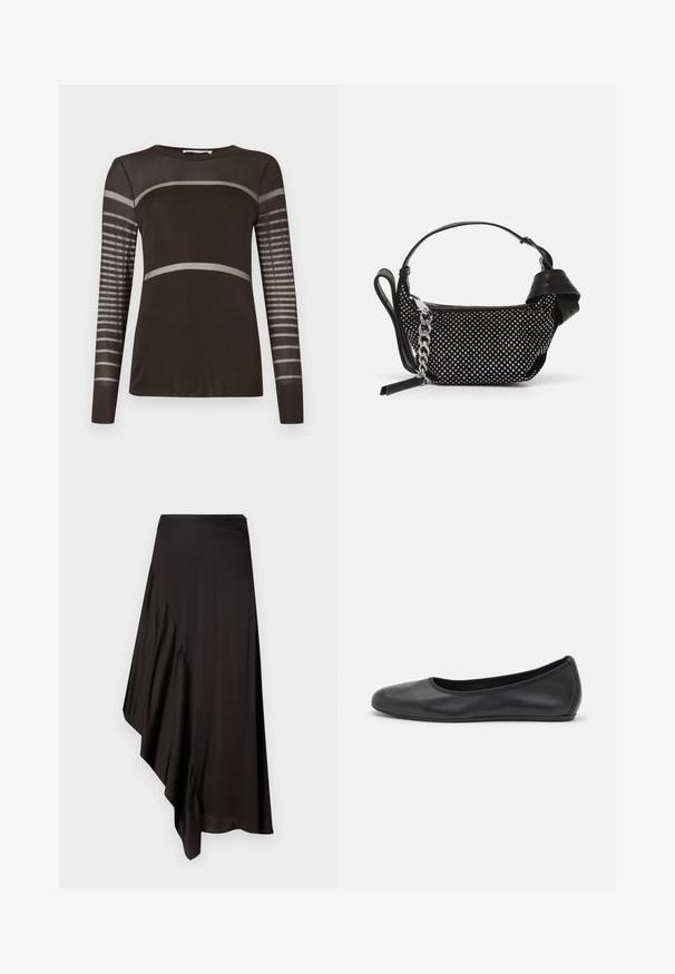 Długi rękaw bluzka w ciemnym brązie o gładkiej fakturze. Posiada jasnoszare poziome paski na klatce piersiowej oraz paskowane wstawki na rękawach.; AERON ASTER czarny; Czarne skórzane baletki z zaokrąglonym noskiem, gładką fakturą, minimalnymi przeszyciami i elastycznym designem podeszwy.; Czarna torebka z teksturowanym wzorem, ozdobiona srebrnymi ćwiekami i grubym srebrnym łańcuszkiem. Charakteryzuje się eleganckim, minimalistycznym kształtem.