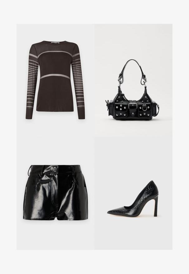 T shirt à manches longues de couleur marron foncé avec une texture lisse. Présente des rayures horizontales gris clair sur la poitrine et un panneau rayé sur les manches.; Shorts noirs et brillants en matériau synthétique. Présentent une taille ajustée, des passants de ceinture et des poches avant avec des détails de couture prononcés.; Escarpin noir à bout pointu avec texture en cuir de crocodile, présentant un design élégant, un haut talon aiguille et un intérieur noir lisse.; Sac à main en cuir noir au design courbé, avec des clous en argent, une boucle et deux poches latérales. Bandoulière réglable pour différentes options de transport.