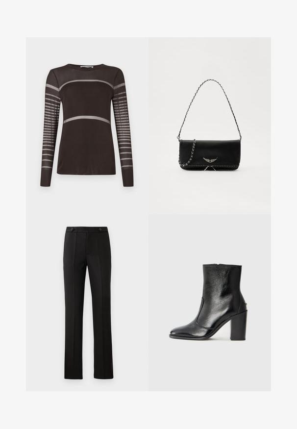 Langärmliges Oberteil in Dunkelbraun mit glatter Textur. Verfügt über leichte graue horizontale Streifen über der Brust und gestreifte Einsätze an den Ärmeln.; Schwarze maßgeschneiderte Hose mit geradem Bein, zwei vorderen Taschen, einem Knopfverschluss und unteren Falten vorne. Glatte Stofftextur.; Schwarze Leder-Stiefelette mit glatter Textur, spitzem Fuß und klobigem hohen Absatz. Verfügt über eine seitliche Öffnung und ein minimalistisches Design.; Schwarze Lederhandtasche mit einem silbernen Kettenriemen, verziert mit dekorativen Flügelakzenten und weißen Nähten entlang der unteren Naht.