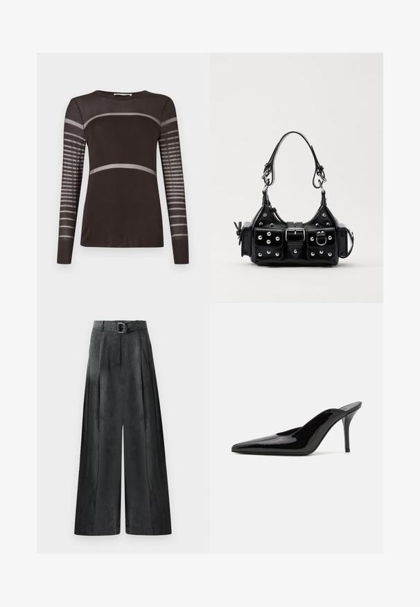 T shirt à manches longues de couleur marron foncé avec une texture lisse. Présente des rayures horizontales gris clair sur la poitrine et un panneau rayé sur les manches.; Pantalons à jambes larges gris foncé, avec une texture lisse, des plis et une ceinture avec une boucle en métal argenté à la taille haute.; Mule en cuir verni noir à talon haut avec un bout pointu et une silhouette épurée, doté d'un dos ouvert et d'un talon aigu slender.; Sac à main en cuir noir au design courbé, avec des clous en argent, une boucle et deux poches latérales. Bandoulière réglable pour différentes options de transport.