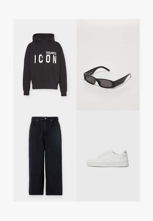 Schwarzer Hoodie aus Baumwolle, mit Kängurutasche, Kapuze mit Kordelzug und auffälligem weißen Text "ICON" mit Markenname "DSQUARED2."; Schwarze Denim-Hosen mit geradem Bein, ausgestattet mit fünf Taschen, einem Knopfverschluss und einem schlichten Finish. Strapazierfähiger Stoff mit matter Textur.; Weiße Ledersneaker mit glatter Oberfläche, runder Zehenpartie, flachen Schnürsenkeln und strukturiertem Sohlenprofil. Mit einem dezenten Logo an der Ferse.; Schwarze rechteckige Sonnenbrille mit dunklen Gläsern, einem glatten Kunststoffrahmen und einem dezenten Logo am linken Bügel. Minimalistisches Design.