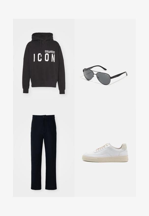 Schwarzer Hoodie aus Baumwolle, mit Kängurutasche, Kapuze mit Kordelzug und auffälligem weißen Text "ICON" mit Markenname "DSQUARED2."; Dunkelblaue Baumwollhosen mit geradem Bein, einem Frontknopfverschluss und einem klassischen Bund mit Gürtelschlaufen.; Weiße Sneaker mit einem glatten Lederobermaterial, beigen Schnürsenkeln und einer strukturierten, beigen Wildleder-Fersenschlaufe. Erhöhte Sohle für zusätzlichen Komfort.; Schwarze Flieger-Sonnenbrille mit dunklen Linsen, dünnem Metallrahmen und schlanken Kunststoffbügeln mit Logo-Details.