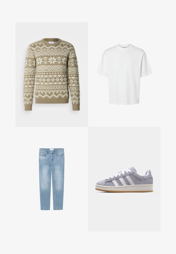 Gebreide trui in zandbeige met witte geometrische en bloemmotieven. Heeft een ronde hals en ribboorden aan de mouwen en onderkant.; Witte katoenen t-shirt met korte mouwen, ronde hals en een relaxed fit. Gladde textuur zonder zichtbare patronen of accenten.; Lichtblauwe rechte jeans gemaakt van denim. Voorzien van een vijf-pocket ontwerp, vervaagde plekken en een label op de tailleband. Geen versieringen.; Grijze suede sneakers met witte strepen, ronde neus en rubberen zool. Heeft perforaties aan de zijkant en een getextureerde hiel tab.