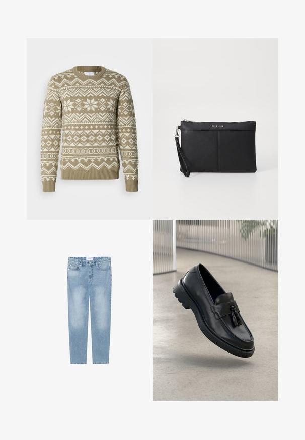 Gebreide trui in zandbeige met witte geometrische en bloemmotieven. Heeft een ronde hals en ribboorden aan de mouwen en onderkant.; Lichtblauwe rechte jeans gemaakt van denim. Voorzien van een vijf-pocket ontwerp, vervaagde plekken en een label op de tailleband. Geen versieringen.; Zwarte leren loafers met een gladde afwerking, decoratieve kwast, dikke rubberen zool en gestikte accenten. Lichtgewicht en strak ontwerp.; Zwarte synthetische clutch met een ritssluiting, polsbandje en een gladde textuur. Kenmerkt zich door subtiele stiksels en een op de voorkant geperst logo.