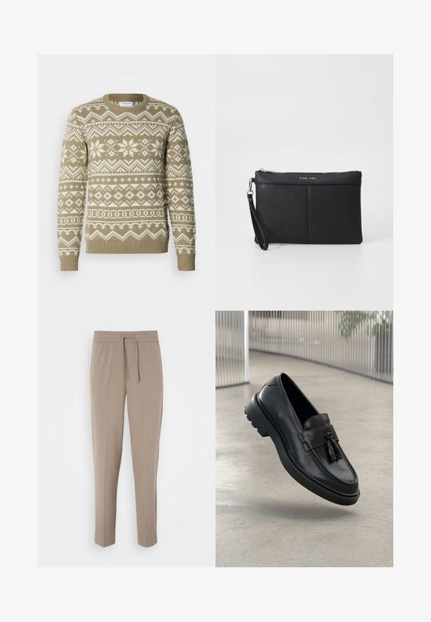 Pleteni pulover u pješčano bež boji s bijelim geometrijskim i cvjetnim uzorcima. Ima okrugli izrez i rebraste manžete i rub.; Svijetlosmeđe hlače s elastičnim pojasom, podesivom žicom i suženim nogavicama. Tkanina izgleda glatko s laganim sjajem.; Crne kožne mokasinke s glatkim završetkom, ukrasnom resom, debelim gumenim đonom i ušivenim detaljima. Lagan i elegantan dizajn.; Crna sintetička torbica s patentnim zatvaračem, narukvicom i glatkom teksturom. Ima suptilno šivanje i urezani logotip na prednjem dijelu.