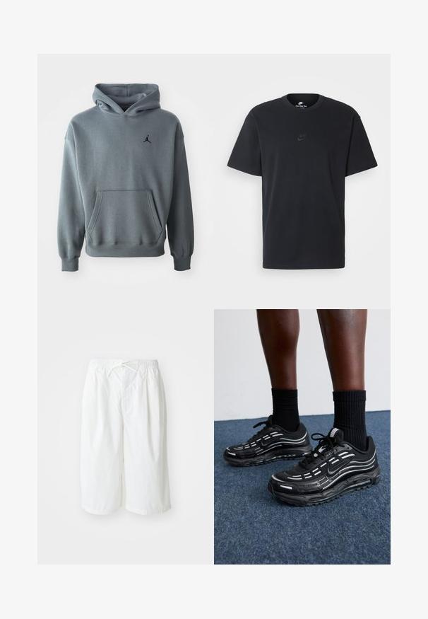 Šedá mikina s kapucňou z mäkkej látky, so klokankovým vreckom a rebrovanými manžetami. Čierna vyšívaná značka Jumpman na ľavej hrudi.; Čierne bavlnené tričko Nike s klasickým okrúhlym výstrihom, krátkymi rukávmi a jemne embosovaným logom na hrudi. Hladká textúra.; Biele šortky s elastickým pásom a šnúrkou, vystavené na jednolíatom svetlom pozadí. Vhodné na neformálne nosenie alebo do teplého počasia.; Čierne tenisky Nike majú sieťkový zvršok s akcentovými pruhmi, textúrovaným šnurovaním a čiernu gumovú podrážku. Nosené s čiernymi rebrovanými ponožkami.