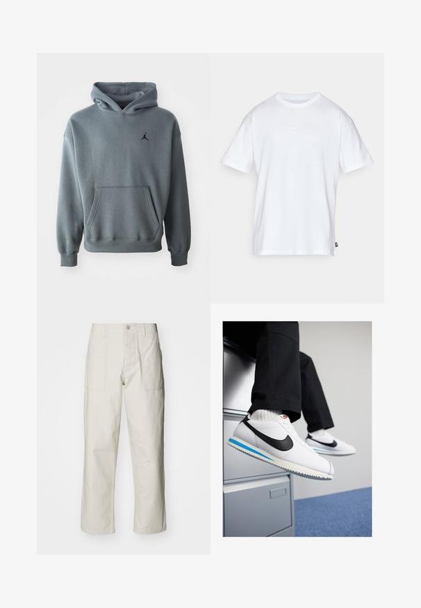 Sivá kapucňa z mäkkého materiálu s kengurou vreckom a rebrovanými manžetami. Čierne vyšívané logo Jumpman na ľavej hrudi.; Bela bomba iz bombaža s kratkimi rokavi in okroglo ovratnikom. Ima majhen, diskreten Nike logotip na prsih in stranski etiket.; Svetlo bež široke hlače iz bombaža. Imajo sprednje žepe in gumbasto zapiranje. Gladka tekstura z subtilnimi navpičnimi črtami.; Bele usnjene teniske z črnim Nikeovim simbolom, svetlo modrim in sivo gumijastim podplatom ter klasičnim vezalnim dizajnom. Noge so poležane na omarici za dokumente.