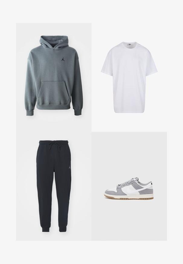 Grauer Hoodie aus weichem Material mit einer Kängurutasche und gerippten Bündchen. Schwarzes, gesticktes Jumpman-Logo auf der linken Brust.; Weiße Baumwoll-T-Shirt mit kurzen Ärmeln, rundem Ausschnitt, lockerer Passform und ohne sichtbare Logos oder Muster. Glatte Textur und minimalistisches Design.; Schwarze Jogginghosen aus weichem Stoff, mit einem elastischen Taillenbund und Kordelzug, gerippten Bündchen und einem kleinen Logo am linken Oberschenkel.; Graue und weiße Sneaker mit einem Obermaterial aus Wildleder und Leder, abgerundeter Spitze, flachen Schnürsenkeln und einer Gummisohle mit einem Kautschukakzent.