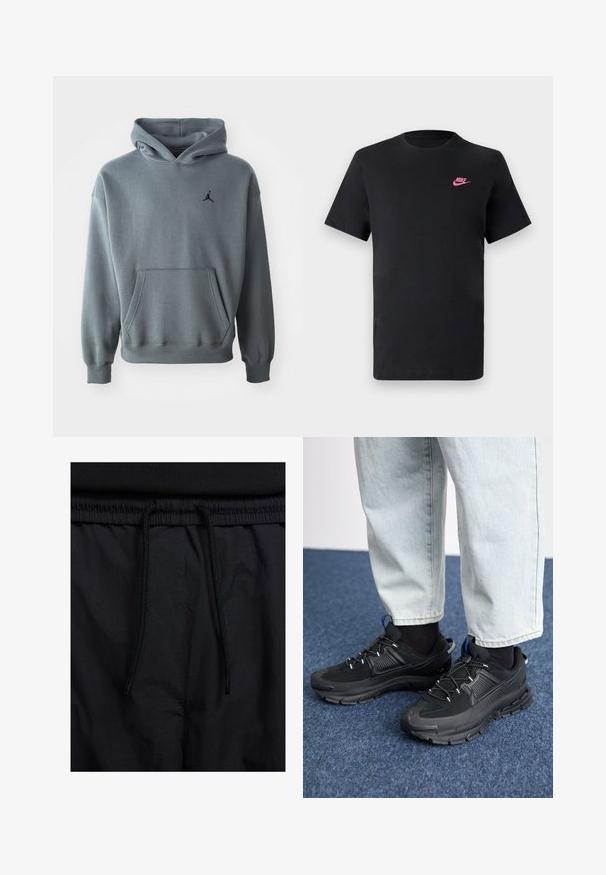 Sivá kapucňa z mäkkého materiálu s kengurou vreckom a rebrovanými manžetami. Čierne vyšívané logo Jumpman na ľavej hrudi.; Črna bombažna majica s krožnim izrezom in kratkimi rokavi. Ima rožnato Nike logo na zgornji levi strani. Gladka tekstura.; Črne kratke hlače z vrvico v pasu, lahkotna tkanina z gladko teksturo in preprosto zasnovo brez vidnih logotipov ali vzorcev.; Črne športne čevlje z teksturirano tkanino in gumijastimi podplati, ki imajo elastične vezalke ter modre poudarke na peti. Nosi se z lahkimi denim hlačami.