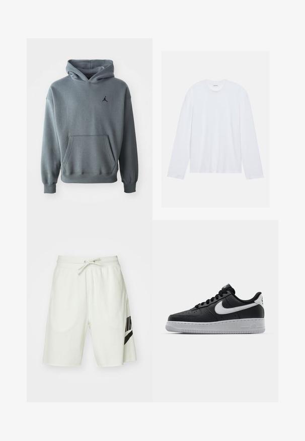 Moletom cinza feito de tecido suave, com bolso canguru e punhos canelados. Logótipo Jumpman bordado em preto no lado esquerdo do peito.; Camiseta de manga longa branca feita de algodão. Apresenta um decote redondo clássico e costuras de ombro caídas, com uma textura lisa e simples.; Calções de algodão cinza claro com uma cintura elástica, cordão ajustável e um logótipo preto da Nike no lado esquerdo.; Sapatilha de pele preta com superfície texturizada, swoosh branco da Nike, sola cinza, bico redondo e design com atacadores. Apresenta perfurações na caixa dos dedos.