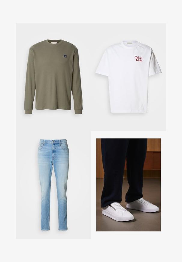 Langermet olivengrønn ribbestrikket skjorte med rund hals og et marineblått logo-patch på venstre bryst. Stoffet ser mykt og teksturert ut.; Hvit bomull t-skjorte med rund hals, korte ermer og rødt brodert "Calvin Klein"-logo på brystet.; Brun skjorte med knappestolpe, krage, lange ermer, brystlomme og glatt tekstur. Har grå knapper langs fronten.; Lyseblå denimjeans med rett benklipp, subtil falming og en klassisk fem-lommers design. Har knappelukking og beltehemper.; Hvite joggesko med en glatt lærfinish, flat såle og snøring. Sidelommer med glidelås gir funksjonalitet. Kombinert med mørke joggebukser.