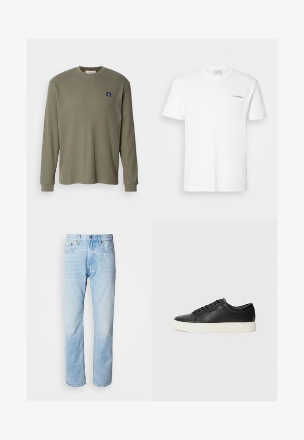 Olīvzaļš garām piedurknēm ribots krekls ar apaļu kakla izgriezumu un tumši zilu logotipa uzšuvumu uz kreisās krūtis. Audums izskatās mīksts un teksturēts.; Balts kokvilnas T-krekls ar īsām piedurknēm un apaļu kakla izgriezumu. Ar mazu melnu "Calvin Klein" logotipu kreisajā krūtīs.; Gaiši zili denima džinsi ar taisnu kāju griezumu, ar izbalējušām sekcijām, piecu kabatu dizainu un klasisko pogu aizdari.; Melnas ādas sporta kurpes ar perforētu tekstūru, apaļu purngalu un plakanu baltu gumijas zoli. Ar melniem šņorējumiem un smalku logo sānos.