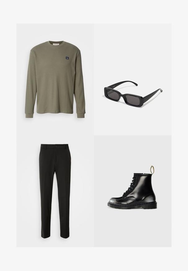 Langärmliges, olivgrünes, geripptes Shirt mit rundem Halsausschnitt und einem marineblauen Logo-Patch auf der linken Brust. Der Stoff wirkt weich und strukturiert.; Schwarze Hose aus glattem Stoff, mit geraden Beinen, einem Knopfverschluss und einem klassischen Design, das sowohl für formelle als auch für legere Anlässe geeignet ist.; Schwarze Leder-Ankle-Boots mit glanzfinish, acht Ösen, schwarzen Schnürsenkeln und einer Zuglasche. Mit einer strukturierten, profilierten Sohle.; Schwarze rechteckige Sonnenbrille mit dunklen Gläsern, glänzender Oberfläche, breiten Bügeln und einem klobigen Rahmen-Design. Gravierter Markenname auf einem Bügel.