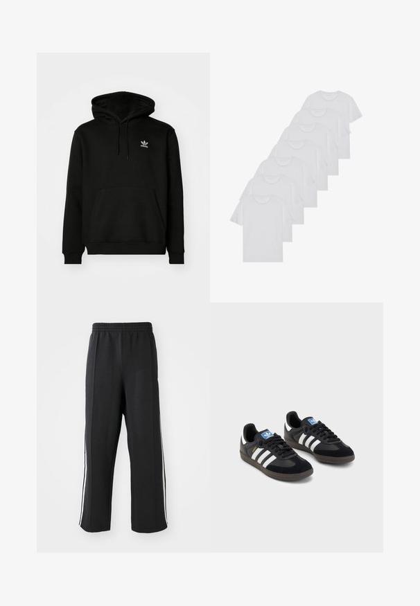 Juodas gobtuvas megztinis, pagamintas iš medvilnės ir sintetinių pluoštų, turi priekines kišenes, gardžius rankogalius ir mažą baltą logotipą viršutiniame kairiajame krūtinės kampe.; Baltos medvilninės marškinėliai, trumpomis rankovėmis, apvaliu kaklu, lygia tekstūra, sušluoti į eilę, su subtiliu prekės ženklu ant kaklo.; Juodos sportinės kelnės su elastinga juosmens juosta, turinčios baltas šonines juosteles ir laisvą prigludimą. Pagamintos iš minkštos, tamprios medžiagos.; Juodi sportiniai bateliai su zomšos ir sintetine viršutine dalimi, turintys tris baltas juosteles, tekstūruotą gumos pado paviršių ir mėlyną logotipo etiketę ant liežuvėlio.