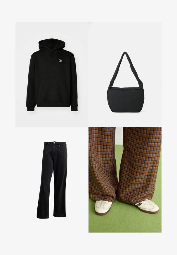 Sweatshirt preto com capuz, feito de uma mistura de algodão, apresenta um bolso frontal, punhos canelados e um pequeno logótipo branco no lado superior esquerdo do peito.; Jeans de ganga preta com um design de perna reta, apresentando bolsos frontais, fecho de botão e uma leve textura. Inclui um detalhe de logótipo discreto.; Calças largas em padrão xadrez castanho e azul, combinadas com sapatos brancos com detalhes pretos e solas texturizadas, contra um fundo verde.; Saco preto de ombro com uma textura almofadada, uma forma arredondada e uma alça larga, apresentando um logótipo em relevo na parte da frente.