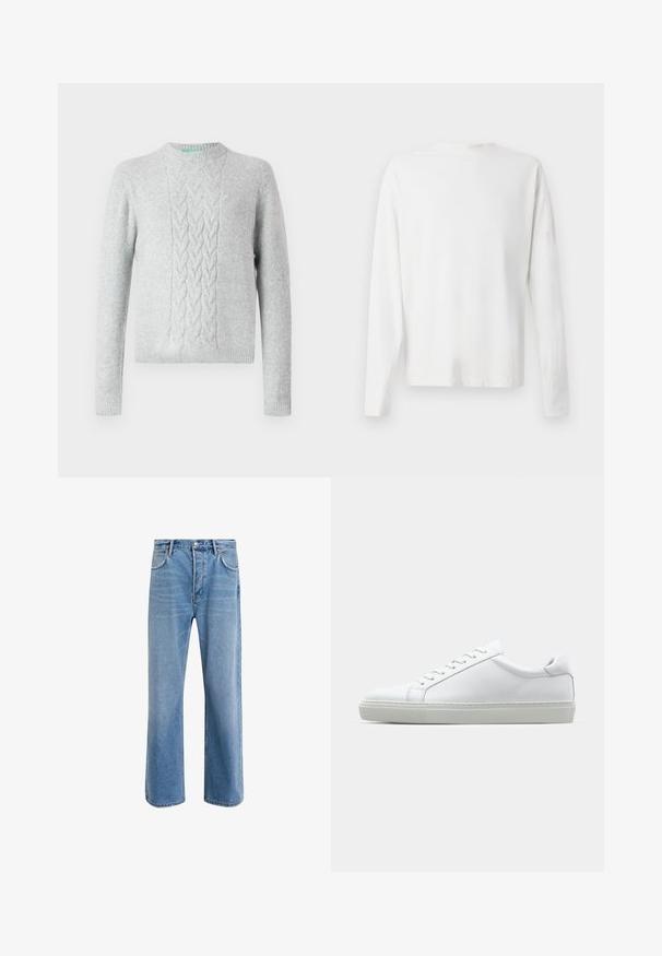 Jasnoszary sweter z dzianiny z patternem w warkocze na klatce piersiowej, okrągły dekolt, długie rękawy oraz ściągacze na rękawach i u dołu. Gładka faktura, minimalna marka.; Biała, bawełniana koszula z długim rękawem, okrągłym dekoltem, bocznymi rozcięciami na dole oraz gładką fakturą, wyeksponowana z tyłu.; Jasnoniebieskie dżinsy o prostym kroju, pięć kieszeni, zapięcie na guzik, minimalne blaknięcia i kontrastowe wykończenia szwów.; Białe sneakersy z gładką skórzaną cholewką i niskim profilem. Posiadają okrągły nos, sześć dziurek na sznurówki oraz teksturowaną gumową podeszwę.