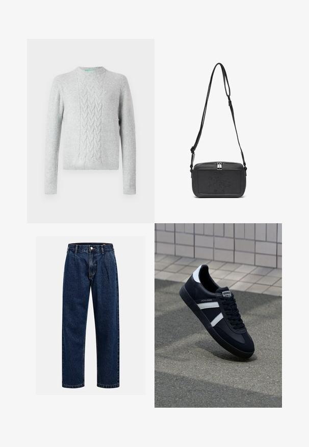 Šviesiai pilkas megztinis su pintų raštų dizainu ant krūtinės, apvaliu kaklu, ilgomis rankovėmis ir raukšlėtai apdirbtais rankogaliais bei apvadu. Lygus paviršius, minimalus ženklinimas.; Tamsiai mėlynos džinsinės kelnės su tiesiu sijonu. Savybė - matoma siūlė, mygtuko uždarymas ir priekinei daliai raukiniai, suteikiantys papildomą detales.; Juodas odinis sportinis batelis su baltais dryžiais, tekstūruota gumine padais ir raišteliais priekyje. Yra prekės ženklą žymintis etiketė ant liežuvio.; Juodas odinis per petį nešiojamas krepšys su užtrauktuku, iškilniu logotipu priekyje ir reguliuojama dirželiu. Lygus paviršius, stačiakampio formos.