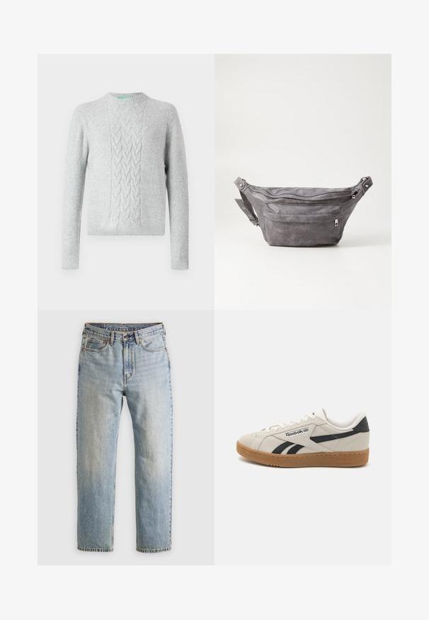 Suéter de punto gris claro con patrón de trenzado en el pecho, cuello redondo, mangas largas y puños y dobladillo acanalados. Textura suave, mínimo logo.; Jeans de mezclilla azul claro de cintura alta, con botón frontal, cremallera y diseño de cinco bolsillos, dispuestos sobre un fondo neutro.; Zapatillas Reebok de ante beige con detalles en negro. Tienen una suela de goma, cordones tradicionales y un cuello acolchado para mayor comodidad.; Riñonera de ante gris con forma redondeada, dos compartimentos con cremallera y correa ajustable. Presenta acentos de metal.
