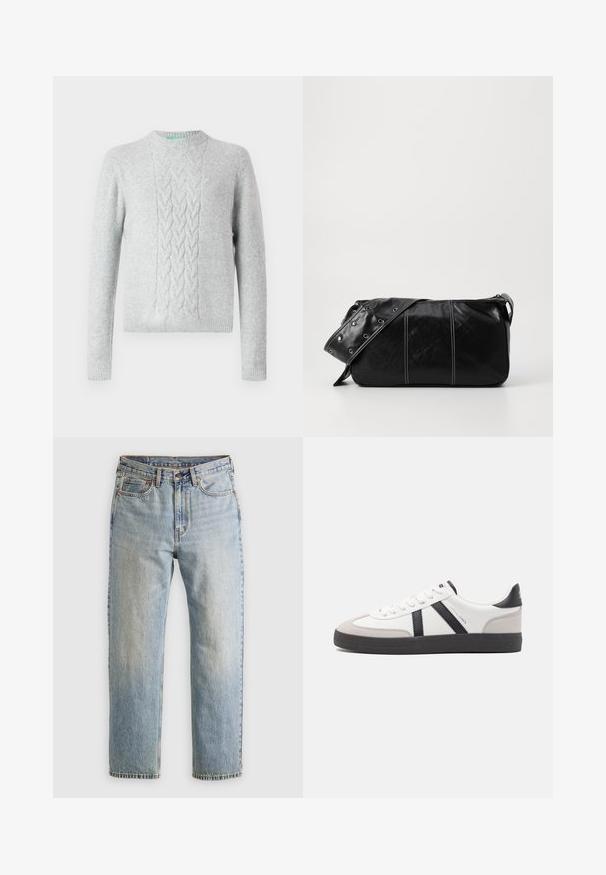 Light gray knitted sweater with cable knit pattern on chest, round neck, long sleeves, and ribbed cuffs and hem. Smooth texture, minimal branding.; Light blue denim jeans with high waist, front button, zipper, and five-pocket design, laid flat on a neutral background.; White sneaker with black and gray accents, featuring a textured gray toe cap, black rubber sole, and flat white laces. Clean design, minimalist style.; Black leather shoulder bag with a zip closure, featuring a textured body, white stitching, and a strap with silver grommets.