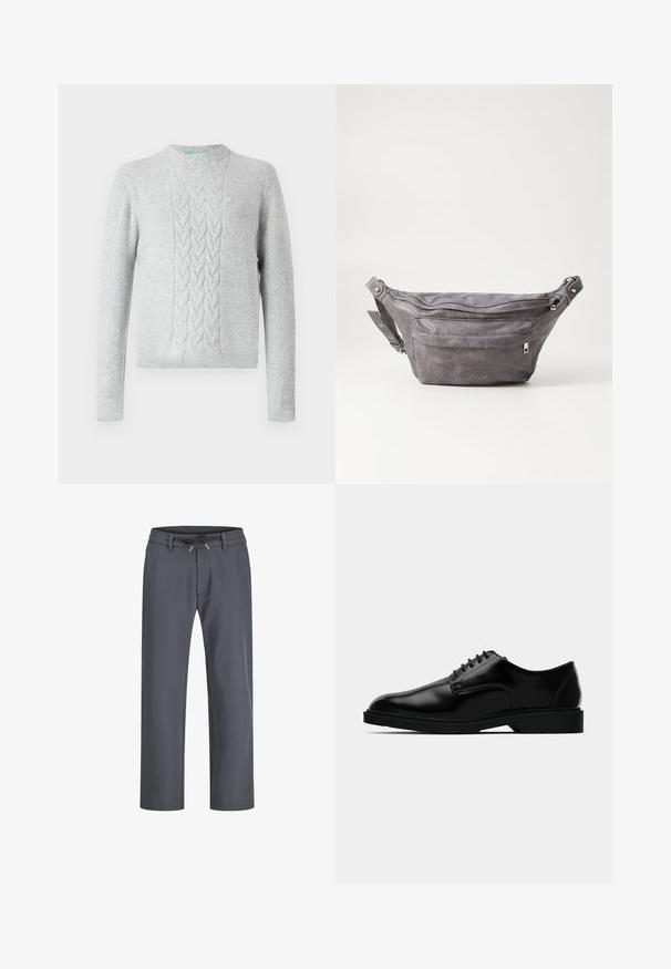 Pulôver de malha cinza-claro com padrão de ponto de cabos no peito, gola redonda, mangas longas e punhos e barra canelados. Textura suave, com marcação mínima.; Calças cinzentas com cintura elástica e cordão. Design de perna reta, feitas de um tecido suave, apresentam costura minimalista e sem hardware visível.; Shoe dress de couro preto com acabamento liso, bico arredondado, design de atacadores e sola de borracha discreta para tração.; Pochete cinza em camurça com forma arredondada, dois compartimentos com fecho éclair e alça ajustável. Apresenta detalhes em metal.