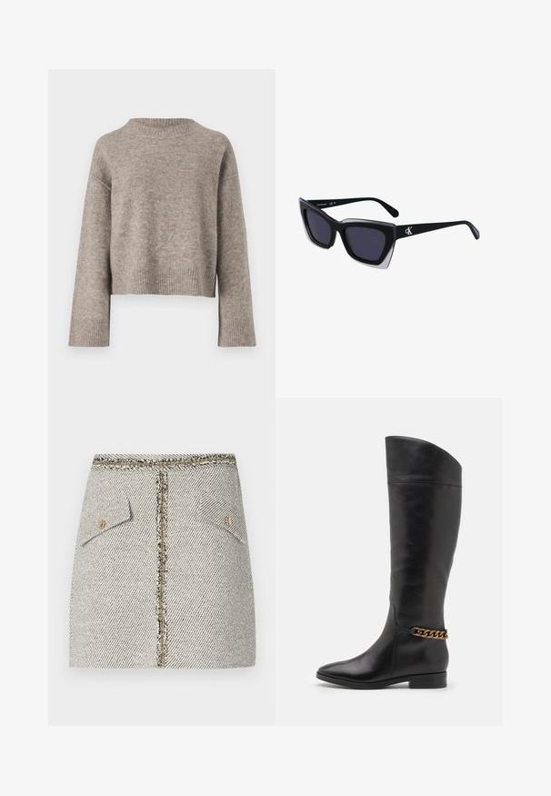Suéter corto de color marrón claro en suave tejido de punto, con un cuello y puños acanalados, con un ajuste holgado y hombros caídos.; Falda de tweed tejido en un patrón de espiga blanco y negro, presenta dos bolsillos frontales y una cremallera en tono dorado en la parte trasera con bordes deshilachados.; Botas altas de cuero negro con un diseño elegante, punta afilada y un acento de cadena dorada en el tobillo. Tacón bajo tipo bloque. Textura suave.; Gafas de sol negras de gran tamaño con una forma geométrica, que presentan lentes oscuros y un detalle gris contrastante en la montura. Logo en la pata.