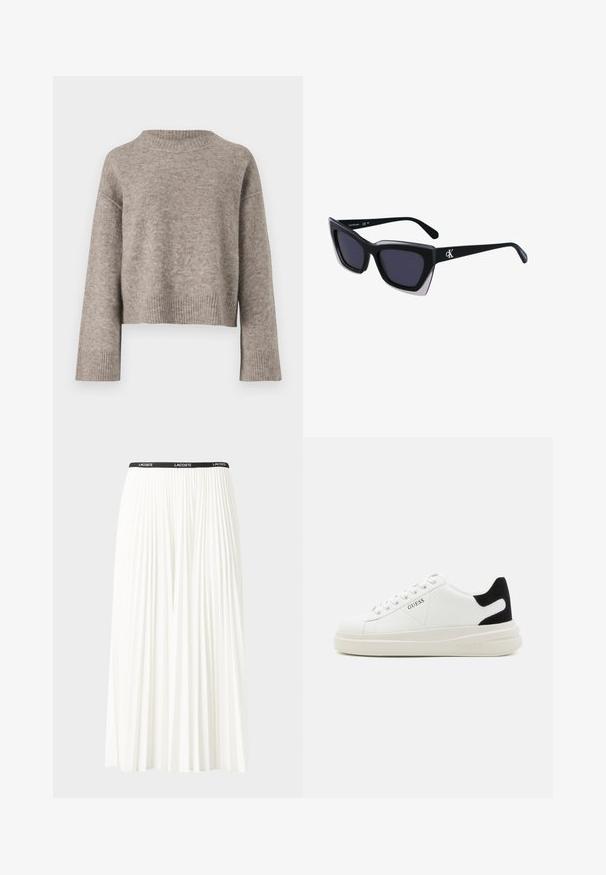 Pulover scurt, de culoare maro deschis, dintr-un material tricotat moale, având un guler și mansete ribbate, cu o croială lejeră și umeri căzuți.; Fustă plisată albă cu un brâu elastic negru, având logo-ul "LACOSTE". Design de lungime medie, cu textură moale.; Adidași din piele albă cu o talpă groasă albă, accent de călcâi din suede negru și logo embosat pe lateral. Design cu șireturi și șase orificii.; Ochelari de soare supradimensionați, negri, cu o formă geometrică, având lentile întunecate și un detaliu gri contrastant pe ramă. Logo pe braț.