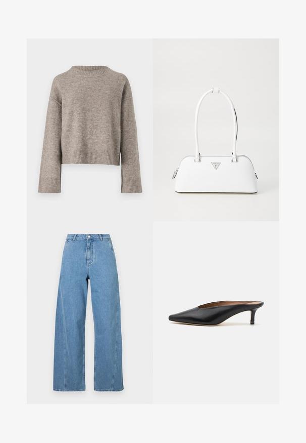 Lichtbruine cropped sweater van zacht breigaren, met een geribbeld decolleté en manchetten, in een relaxte pasvorm en met verlaagde schouders.; Lichtblauwe wijde jeans gemaakt van denim, met een hoge taille, rechte snit en contrasterende stiksels langs de naden.; Zwarte leren muiltjes met een puntige neus en een lage, blokhak. Glad oppervlak met een gestroomlijnd ontwerp. Open achterkant met minimale details.; Witte leren handtas met een gebogen vorm, voorzien van een zilveren driehoekig logo en ritssluiting. Gladde textuur en dubbele handvaten.
