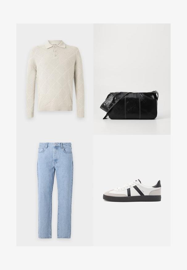 Svijetlosmeđi pleteni polo džemper s dijamantnim uzorkom, tri gumba, te rebrastim manžetama i rubom.; Svijetloplave traperice s ravnim nogavicama, pet džepova i dugmadi za zatvaranje. Mekana tekstura s klasičnim izblijedjelim završetkom.; Bijele tenisice s crnim i sivim detaljima, s teksturiranim sivim zaštitnikom prstiju, crnim gumene potplate i ravnim bijelim vezicama. Čist dizajn, minimalistički stil.; Crna kožna torba preko ramena s zatvaranjem na patentni zatvarač, s teksturiranim tijelom, bijelim šavovima i remenom sa srebrnim okovima.