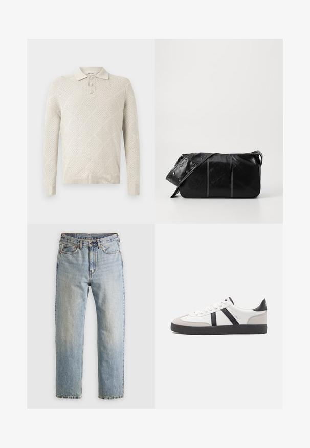 Lys beige strikket polo sweater med diamantmønster, tre-knaps lukning og ribbede manchetter og kant.; Lysblå denim jeans med høj talje, frontknap, lynlås og fem-lomme design, lagt fladt på en neutral baggrund.; Hvide sneakers med sorte og grå detaljer, med en tekstureret grå tåhætte, sort gummisål og flade hvide snørebånd. Rent design, minimalistisk stil.; Sort læder skuldertaske med lynlås, der har en tekstureret overflade, hvid syning og en rem med sølvøskner.