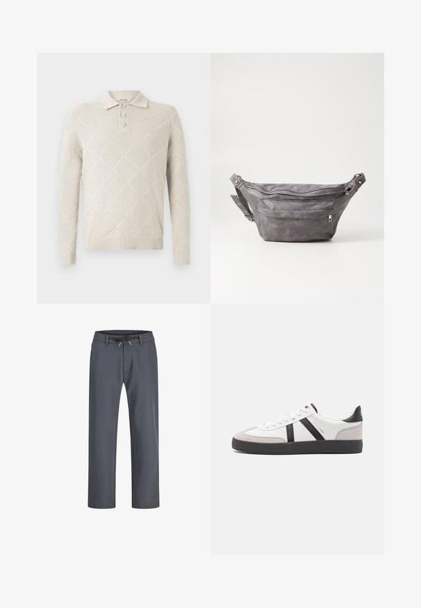 Lys beige strikket polo sweater med diamantmønster, tre-knaps lukning og ribbede manchetter og kant.; Grå bukser med elastisk talje og snøring. Lige ben-design, lavet af glat stof, har minimal syning og ingen synlig hardware.; Hvide sneakers med sorte og grå detaljer, med en tekstureret grå tåhætte, sort gummisål og flade hvide snørebånd. Rent design, minimalistisk stil.; Grå suedefanny pack med en rund form, to lynlåslommer og justerbart strop. Har metalhardware detaljer.